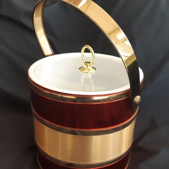 VTG MCM Shelton Ware Ice Bucket w/Handle Lucite Lid Red & Gold Christmas Colors - Picture 6 of 9